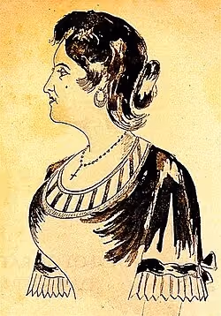 Maria Severa, la primera cantante famosa del Fado de Lisboa, en un antiguo dibujo a tinta: de perfil, con el pelo recogido y un colgante al cuello