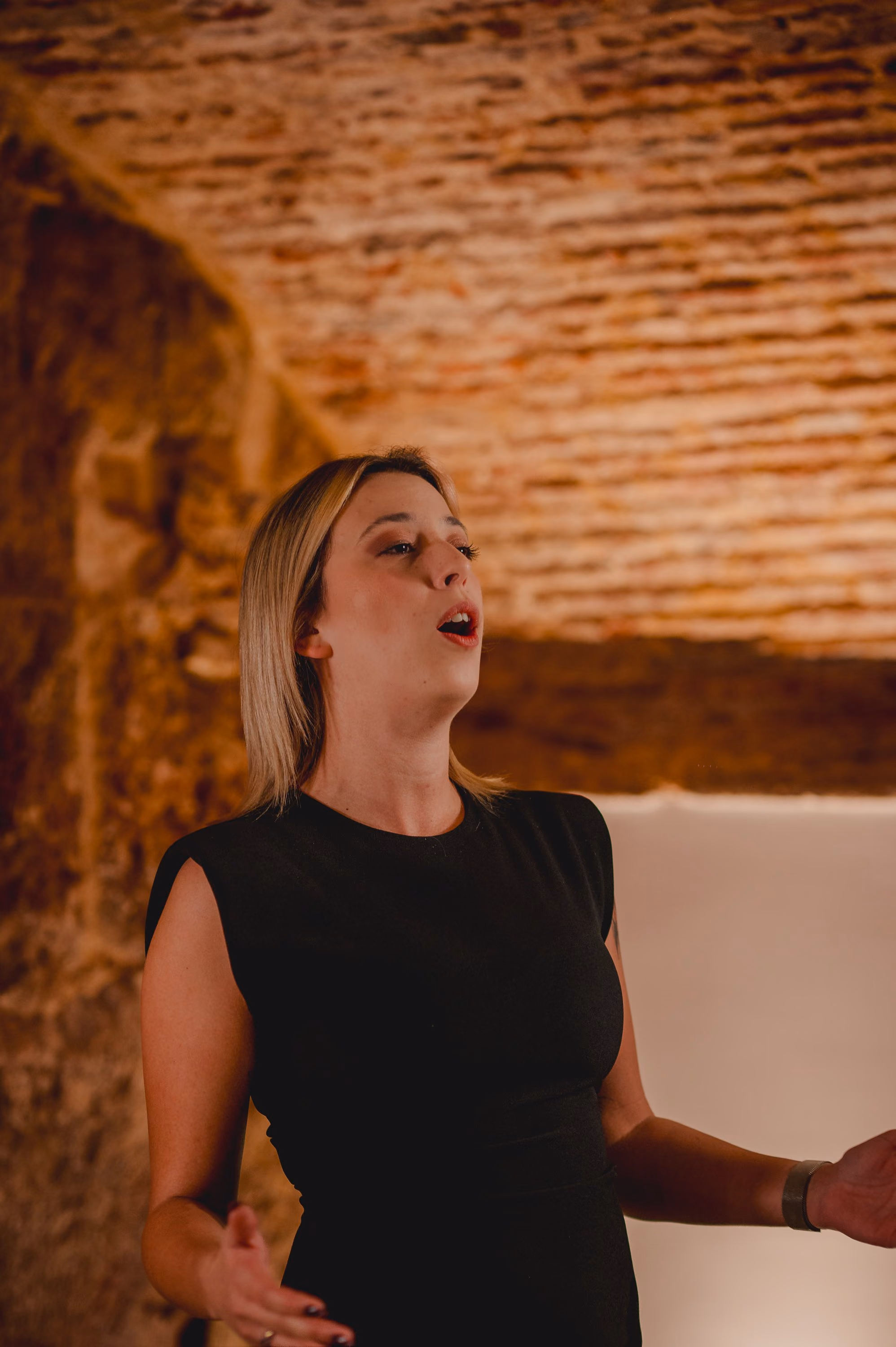 Una cantante rubia de vestido negro canta Fado bajo la bóveda de piedra de nuestra sala de la Sé, en Lisboa